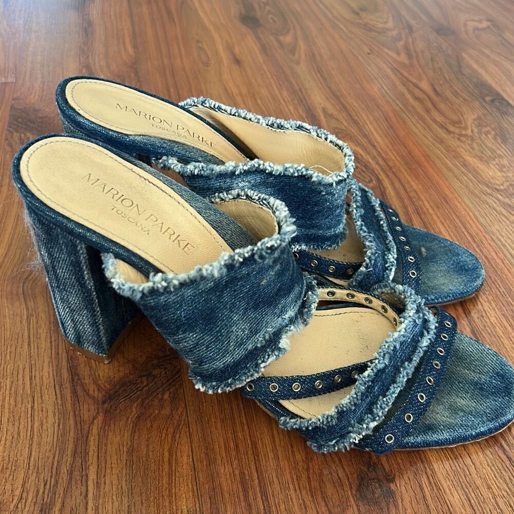 Marion Parke made in Italy distressed denim chunky heel shoes 38.5